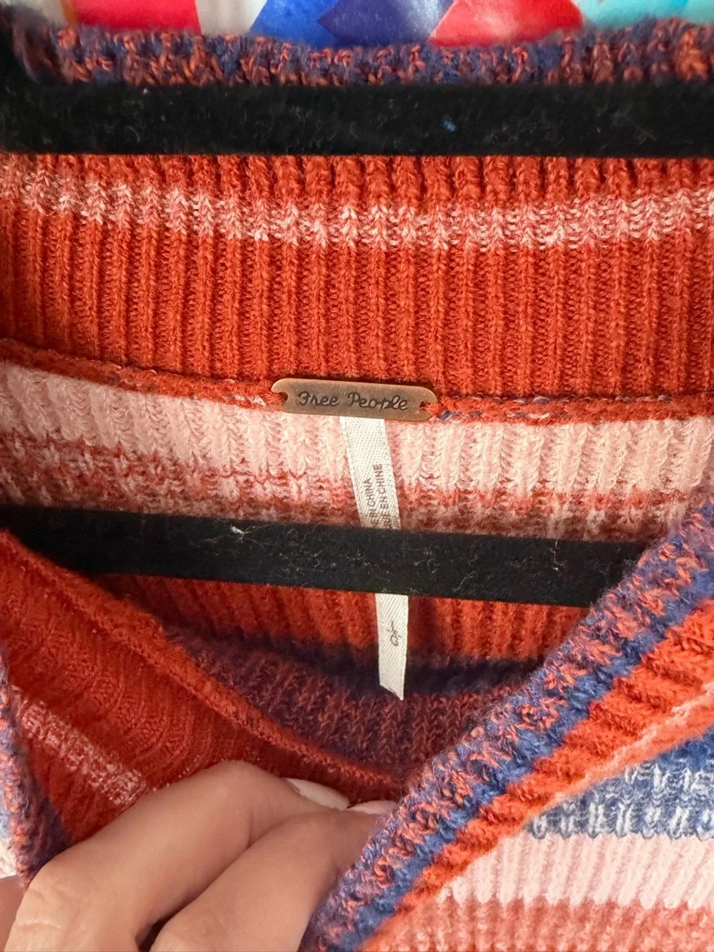 Free People Striped Knit Short Sleeve Sweater in Rust, Navy & Blush Pink - Picture 3 of 4